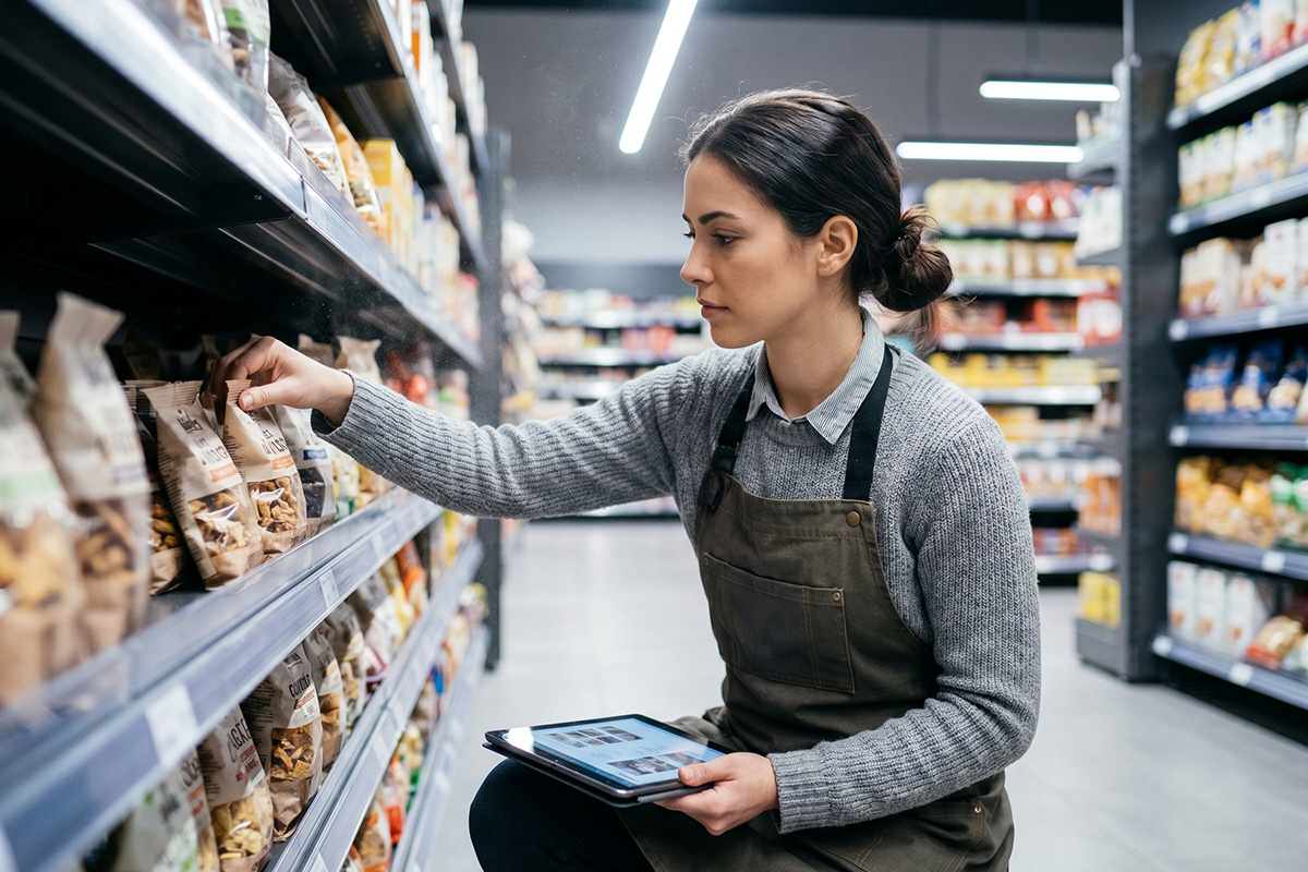 woman with an ipad stacking a shelf